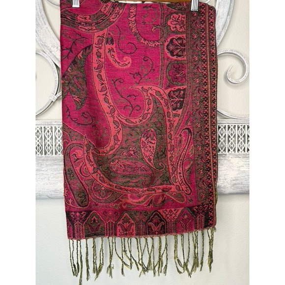 Accessories - Magenta Paisley Pashmina Shawl Scarf Pink Red Olive Green Jacquard Fringe Wrap
